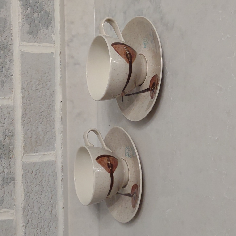 Vintage Red Wing Lute Song Set of 2 Hand Painted Teacups and Saucers
